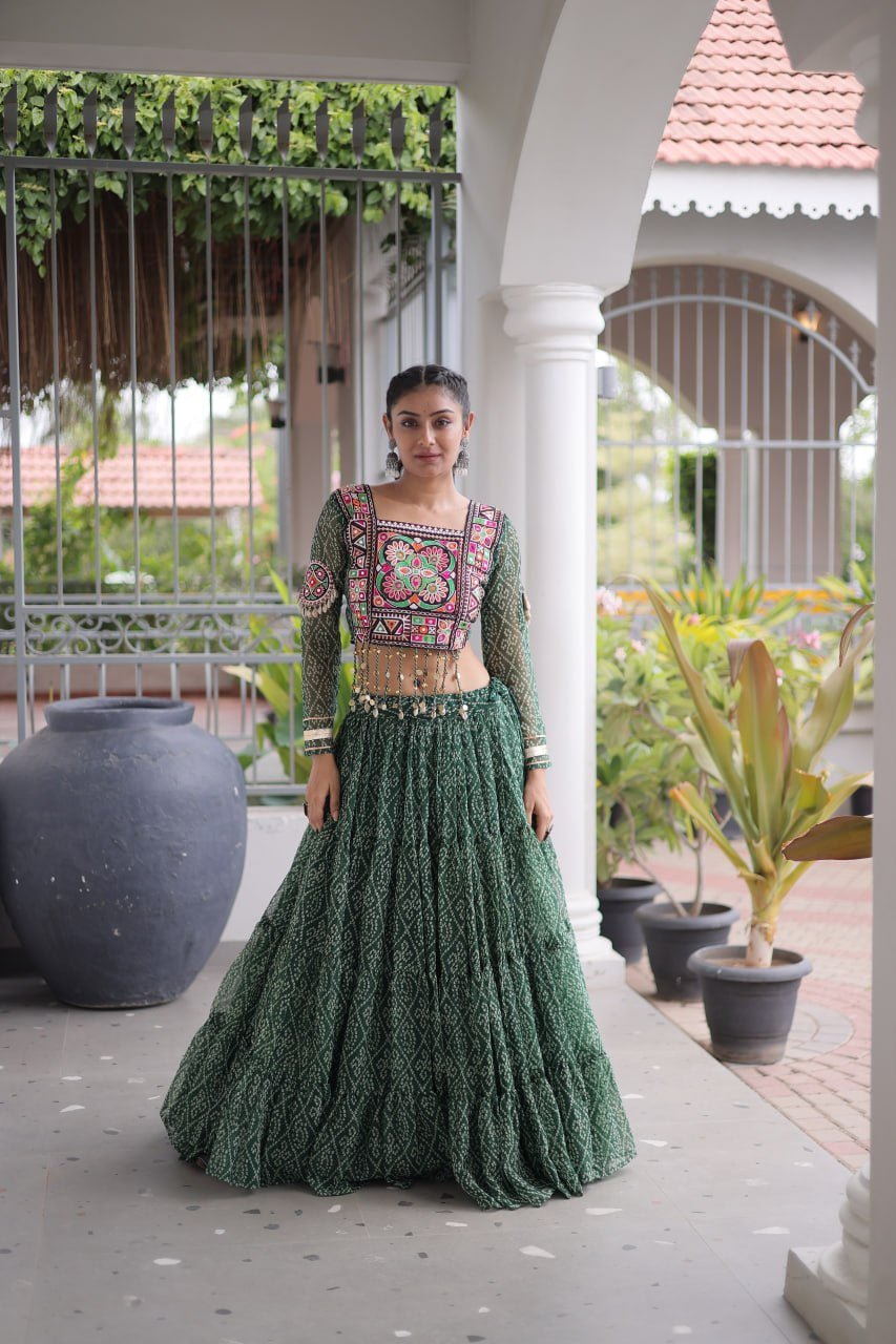 Premium Faux Georgette Bandhani Print Navratri Lehenga Choli with Kutchi Patchwork