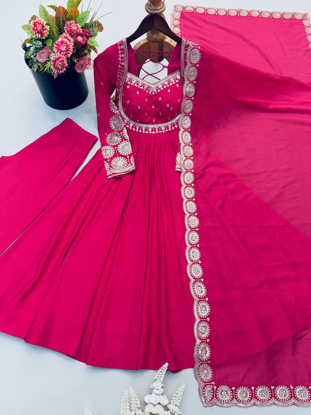 Premium Roman Silk Anarkali Gown with Embroidery & Sequin Work