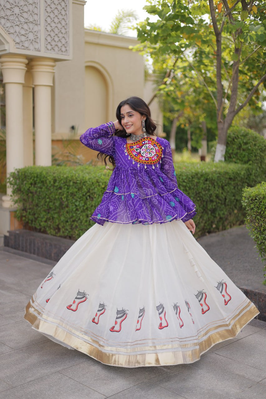 Premium Kora Cotton Navratri Lehenga Choli with Gota Lace & Bandhani Kutchi Gamthi Work