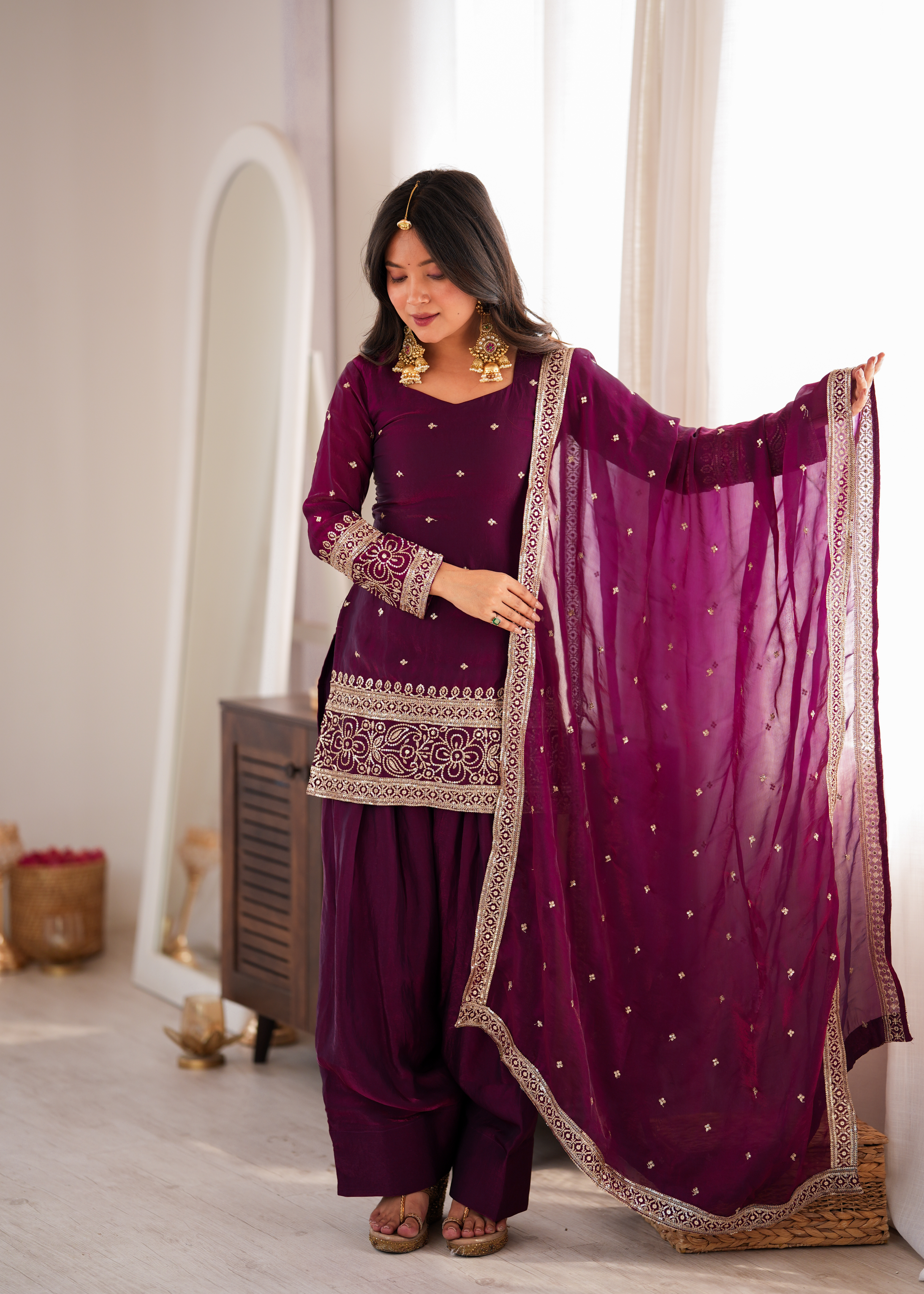 Premium Heavy Fendy Silk Embroidered Farshi Shalwar Set