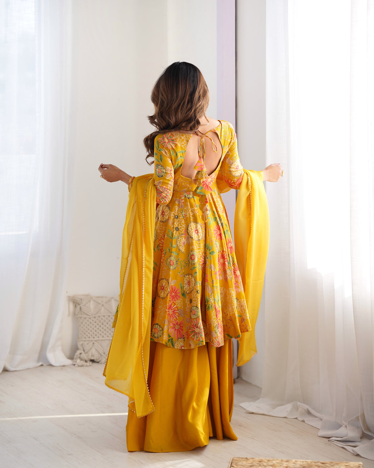 Premium Roman Silk Chanderi Discharge Print Kediya Kurta Set with Organza Dupatta & Palazzo