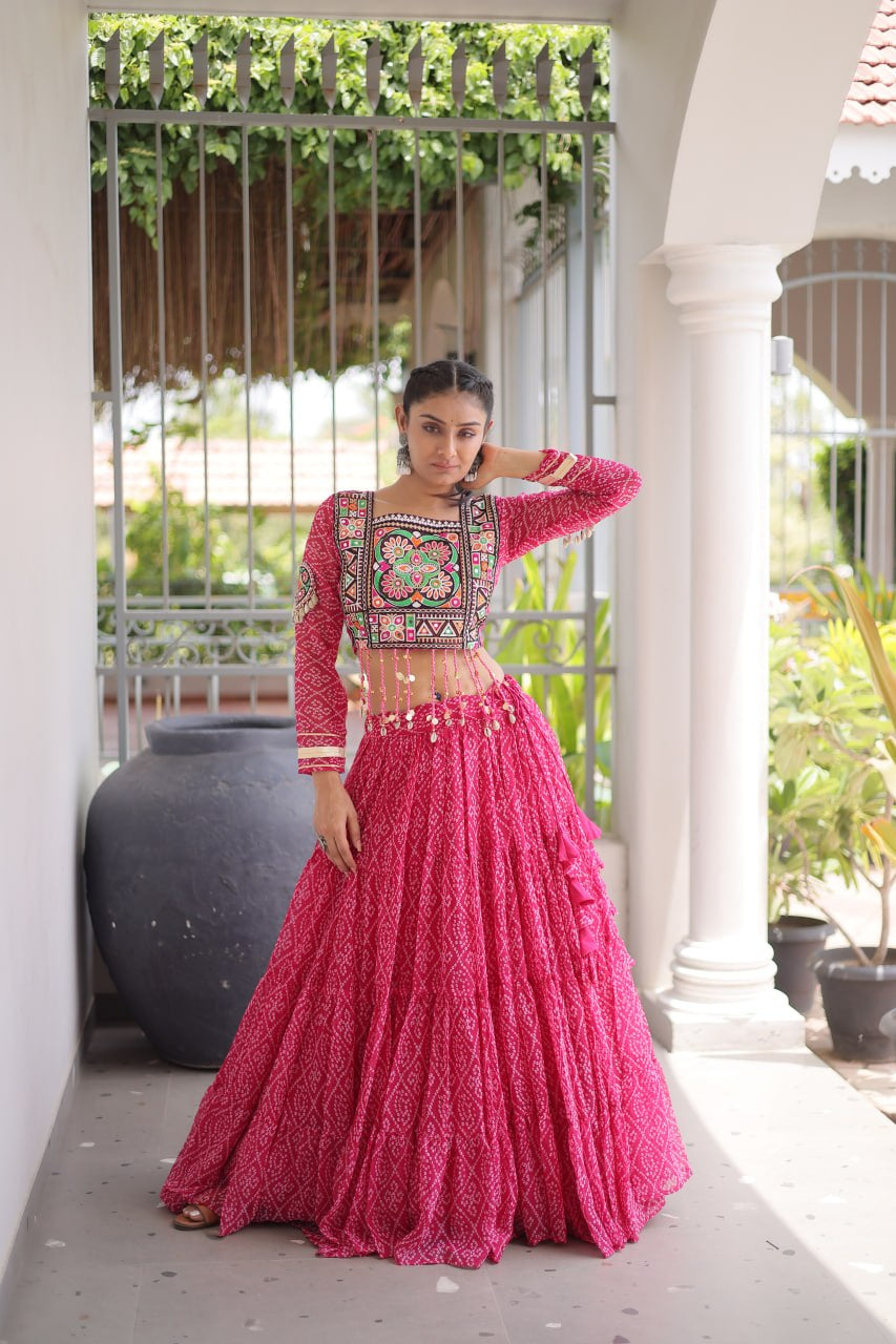 Premium Faux Georgette Bandhani Print Navratri Lehenga Choli with Kutchi Patchwork