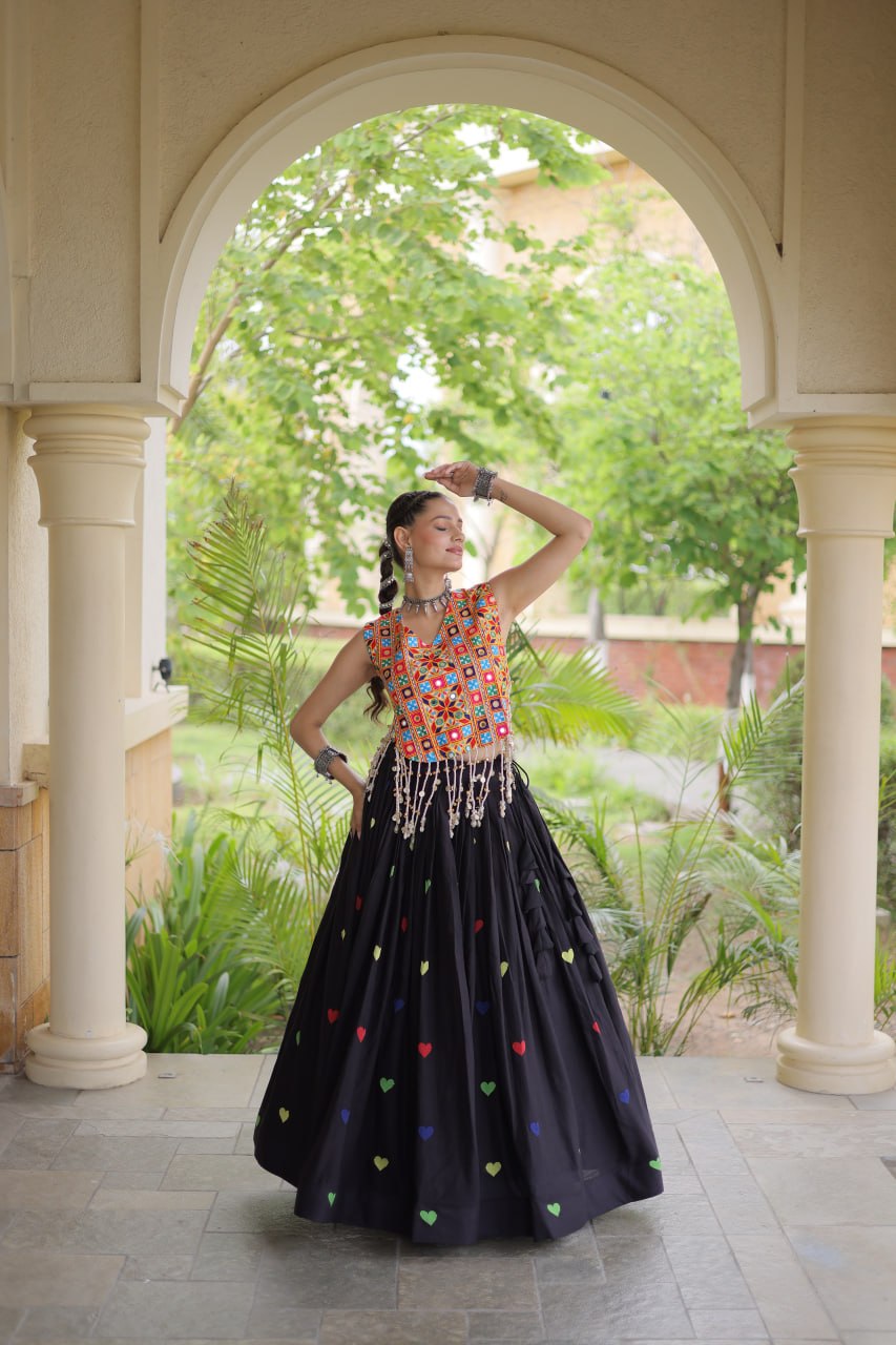 Premium Cora Cotton Navratri Lehenga Choli with Heart Thread Embroidery & Gamthi Mirror Work