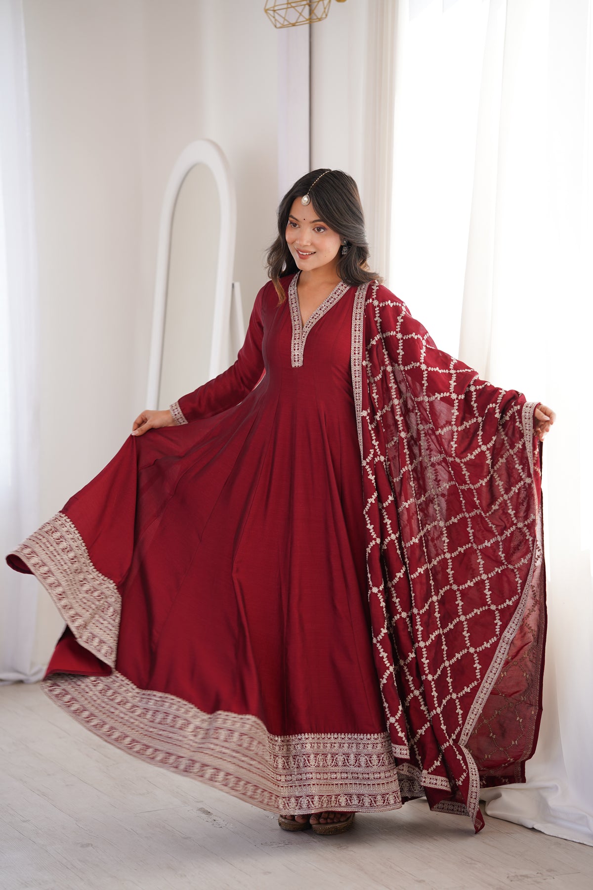 Premium Blooming Vichitra Silk Anarkali Gown with Embroidery, Sequin, Dori & Jari Work