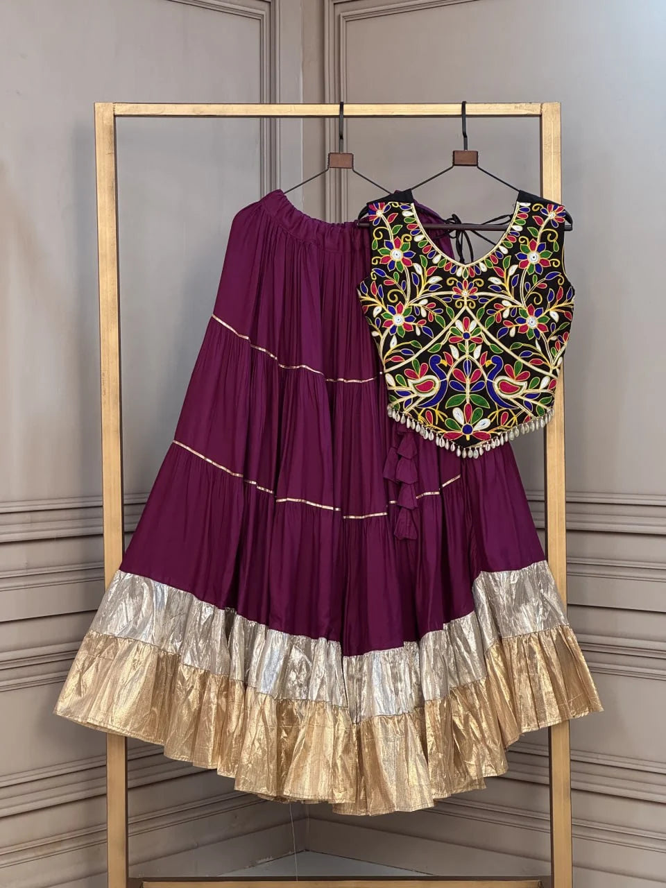 Premium Rayon Navratri Lehenga Choli with Lampi Lace & Kutchi Work Blouse