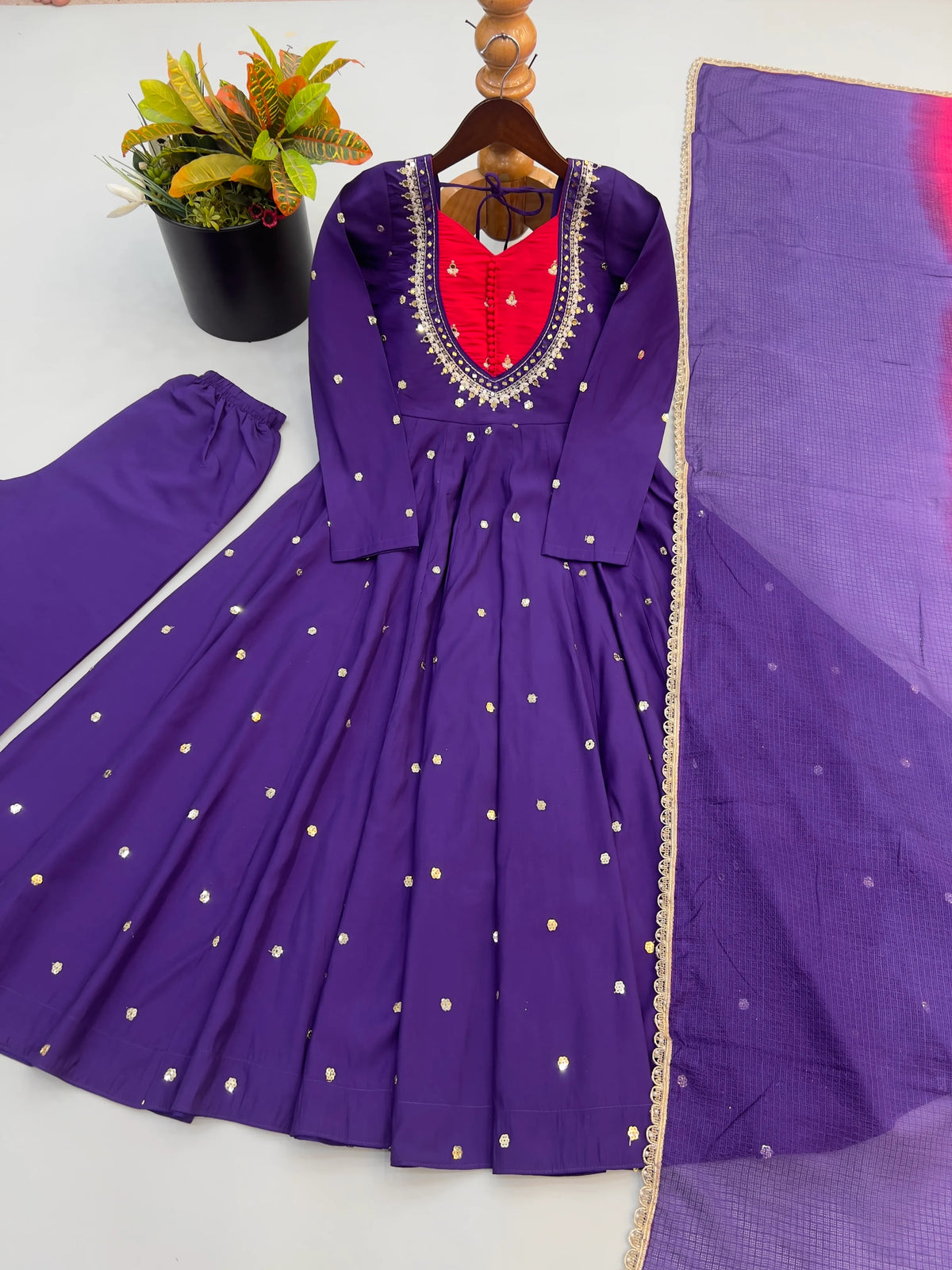Premium Roman Silk Anarkali Gown with Embroidery, Sequin & Real Mirror Work