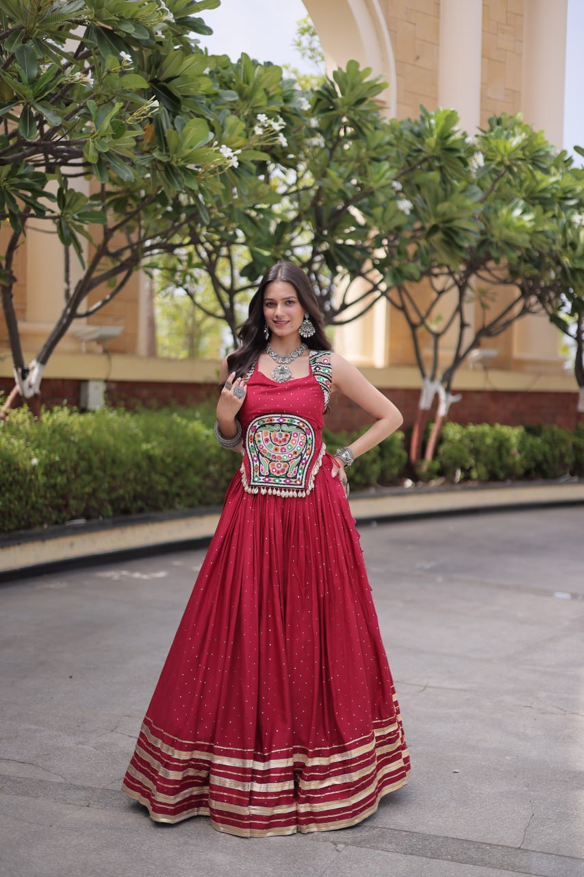 Reyon Navratri Lehenga Choli with Mukesh & Gamthi Mirror Work