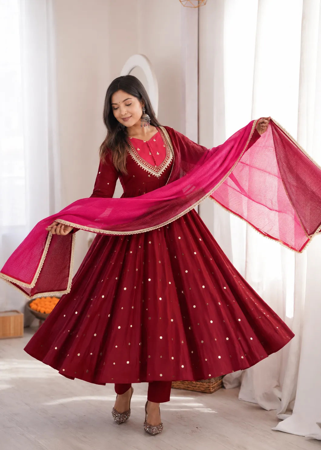 Premium Roman Silk Anarkali Gown with Embroidery, Sequin & Real Mirror Work