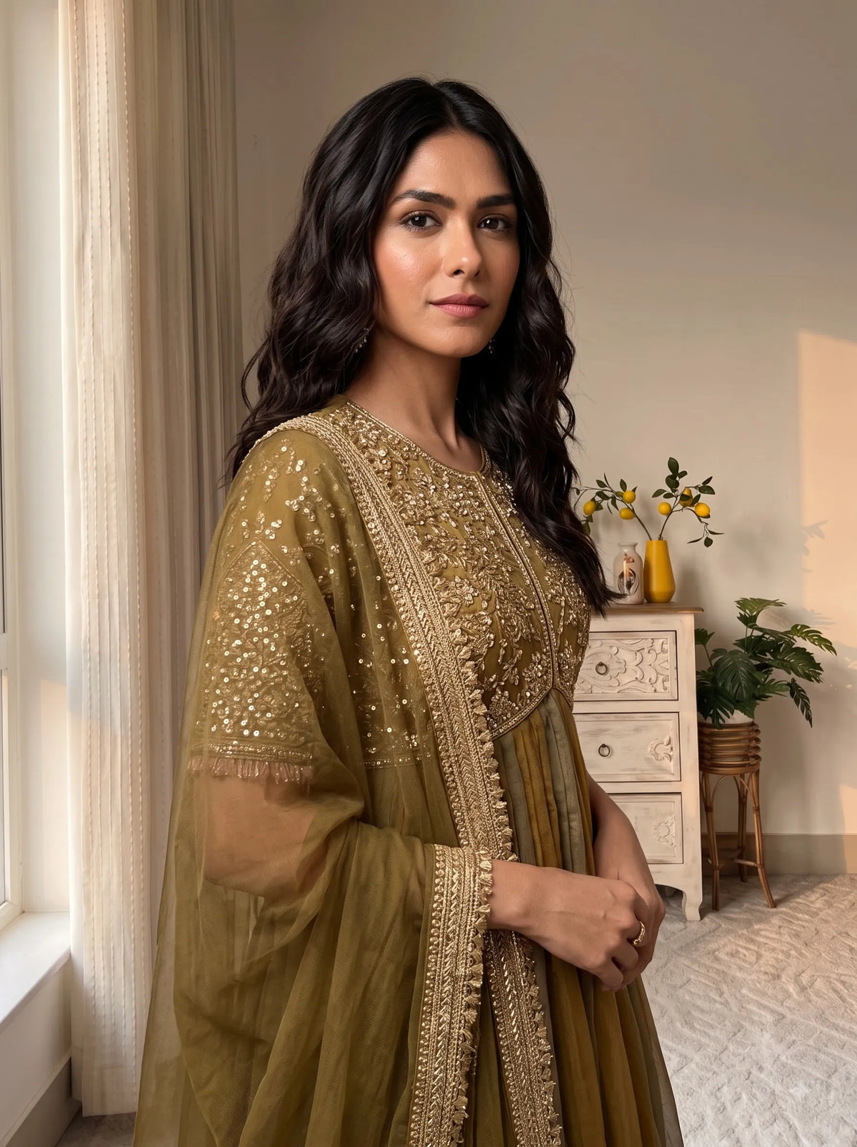 Premium NC Moss Silk Gown with Embroidery, Beads & Tassel Sleeves