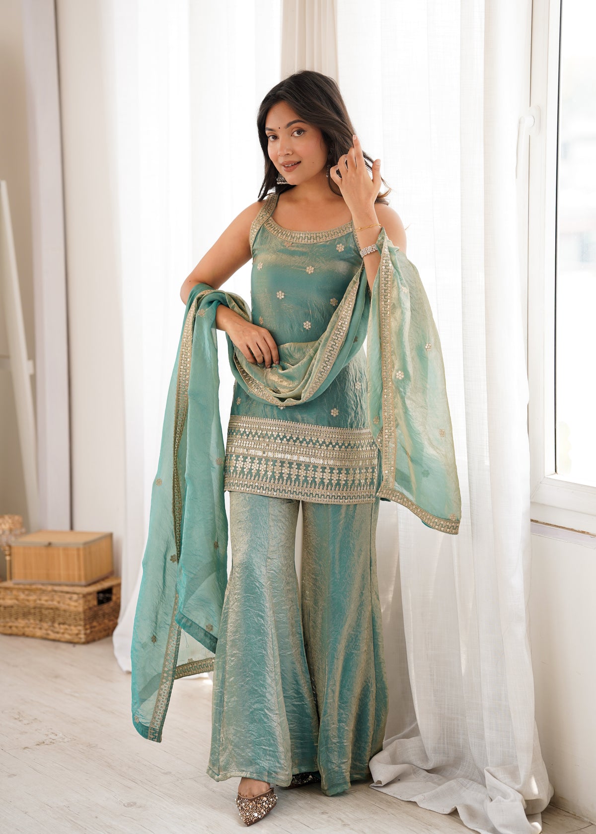 Premium Frendy Silk Embroidered Top & Bell Bottom Set with Dupatta