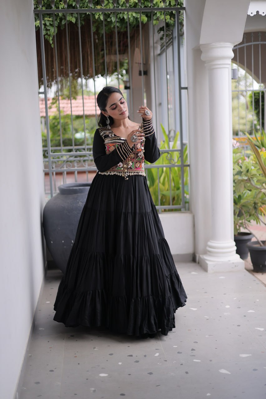 Reyon Navratri Gown with Kutchi Gamthi Embroidery & Mirror Work