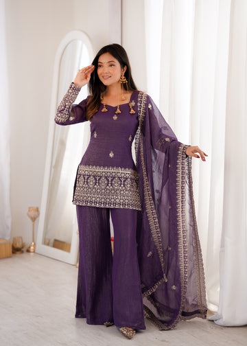 Premium Crunchy Silk Embroidered Bell Bottom Set