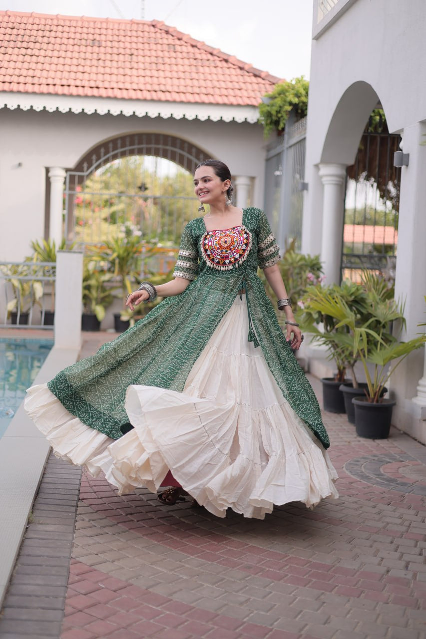 Premium Kora Cotton Navratri Lehenga with Bandhani Print & Kutchi Patchwork Kurti