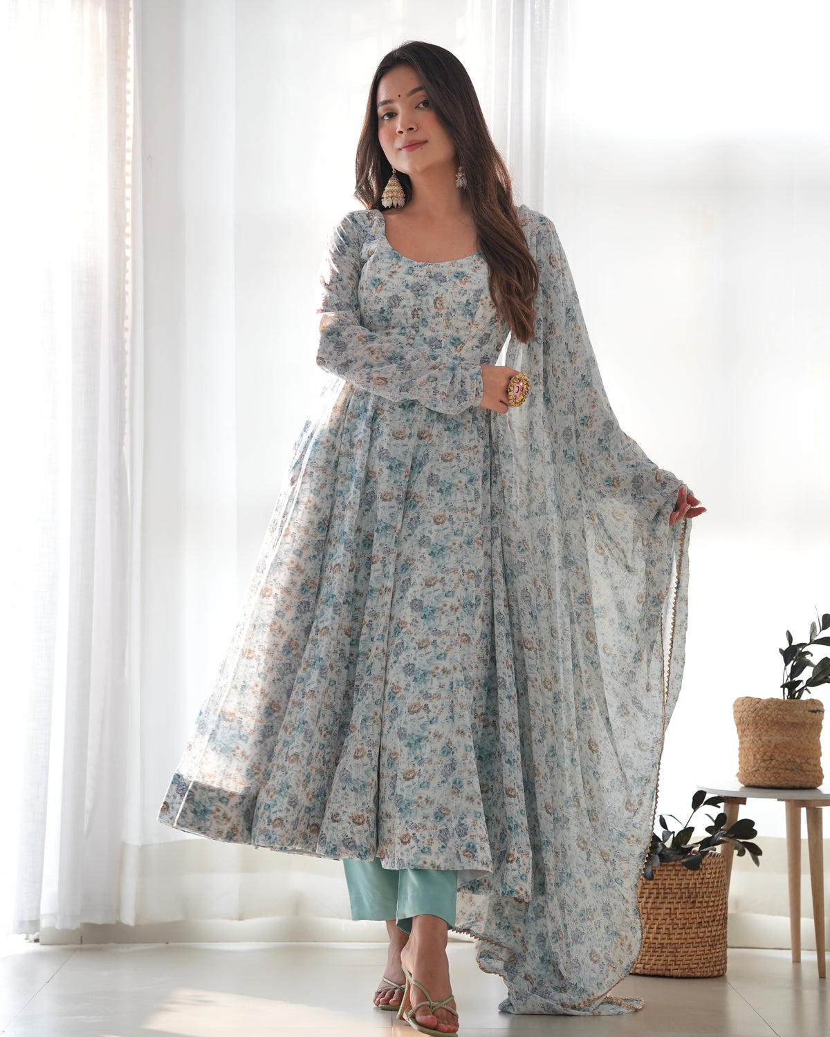 Premium Orange Chiffon Floral Print Anarkali Suit with Potli Buttons, Padded Design & Lace Dupatta