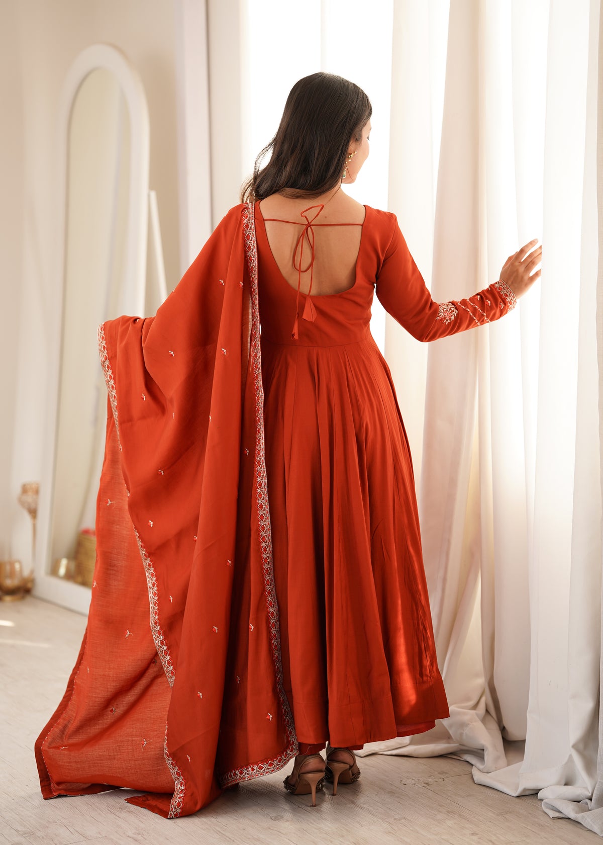 Premium Roman Chanderi Silk Anarkali Gown with Thread & Jari Work