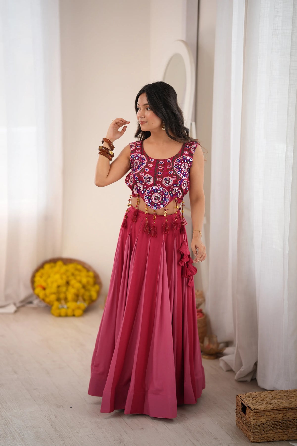 Premium Heavy Rayon Lehenga Choli with Fancy Lagdi Patta Lace & Real Mirror Work