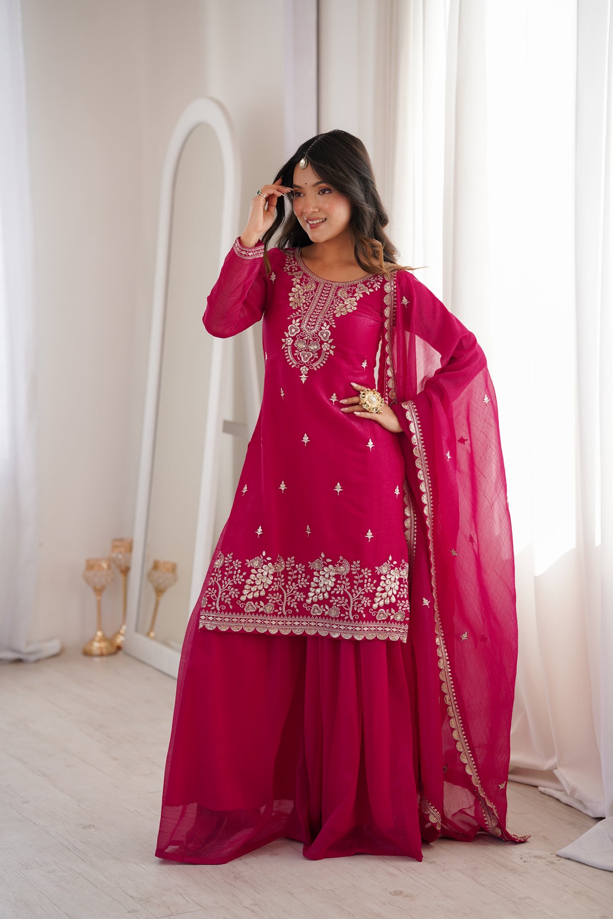 Premium Crunchy Silk Sharara Suit with Embroidery, Sequin & Jari Work