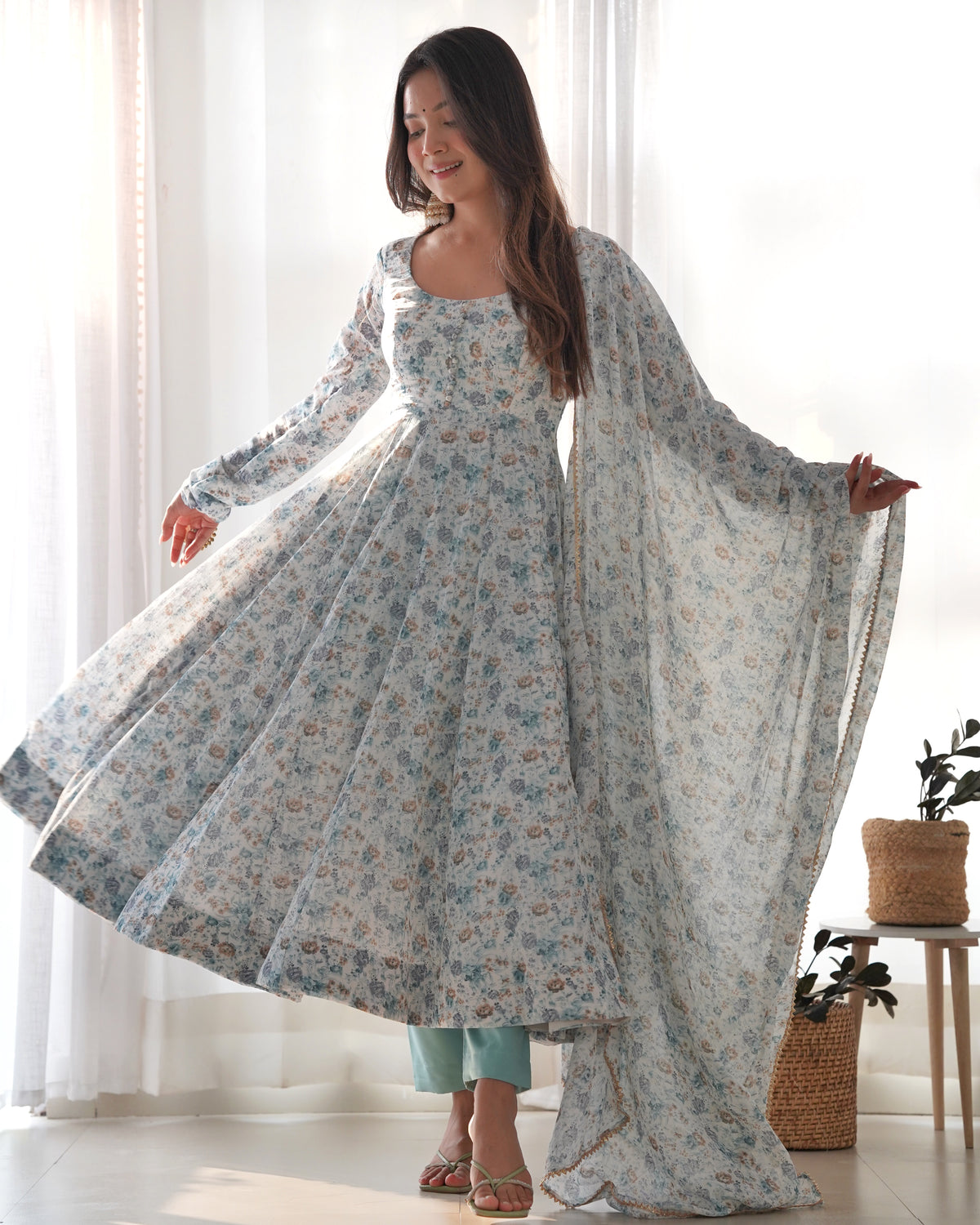 Premium Orange Chiffon Floral Print Anarkali Suit with Potli Buttons, Padded Design & Lace Dupatta