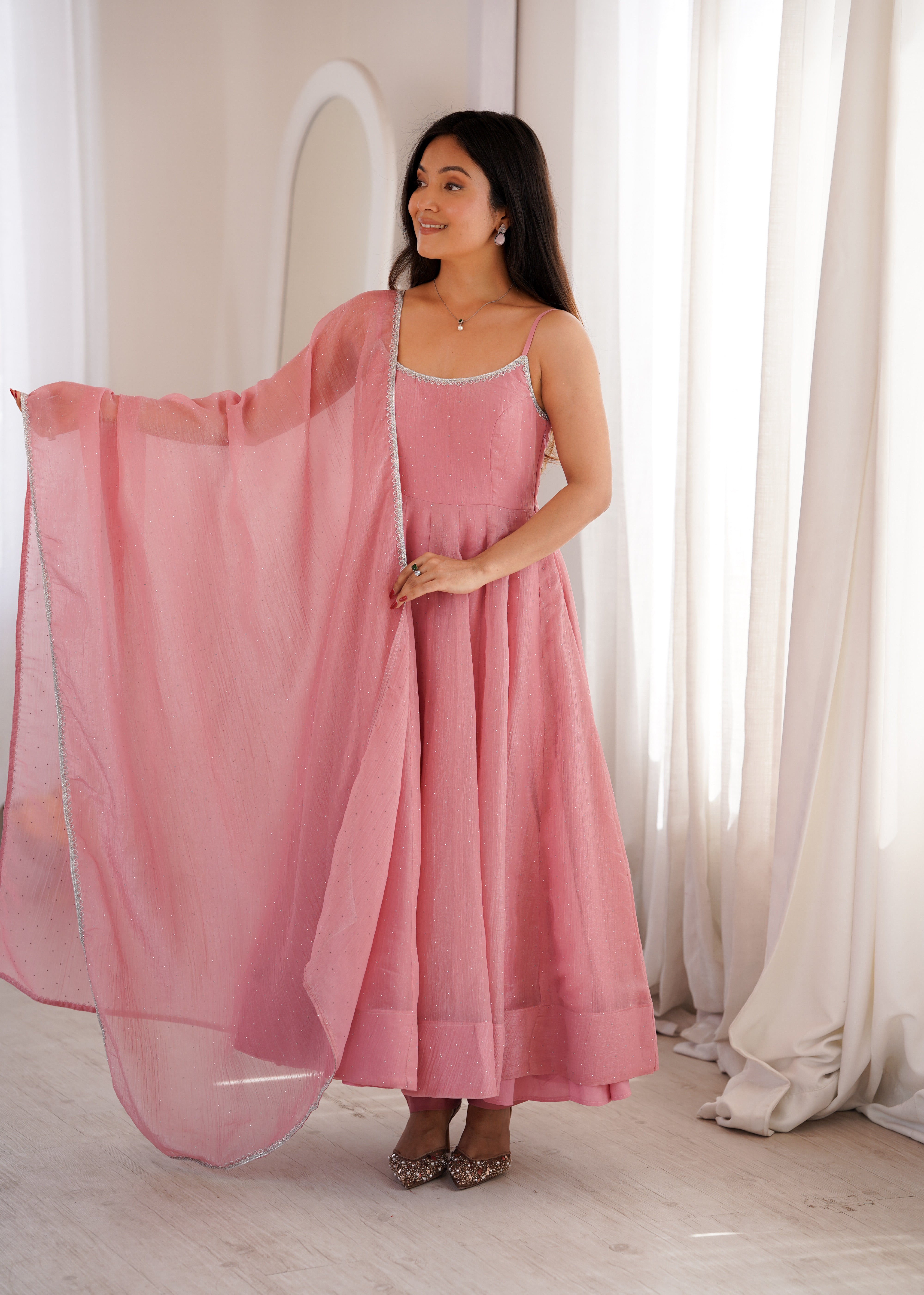 Premium Crunchy Silk Anarkali Gown Set with SiroSki Work, Dupatta & Pant