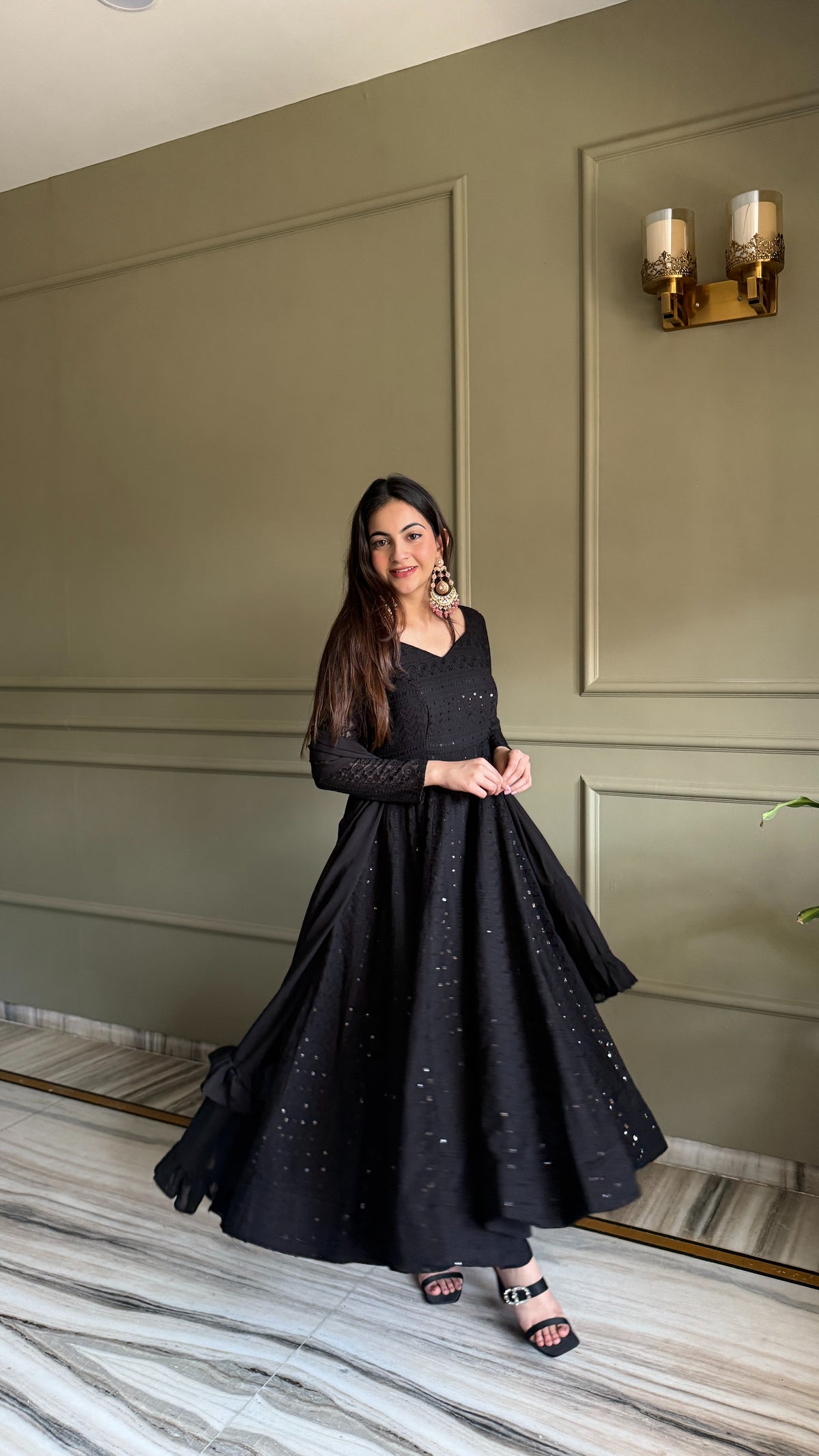 Premium Lukhnowi Fox Georgette Anarkali Suit Set with Sequin & Thread Work