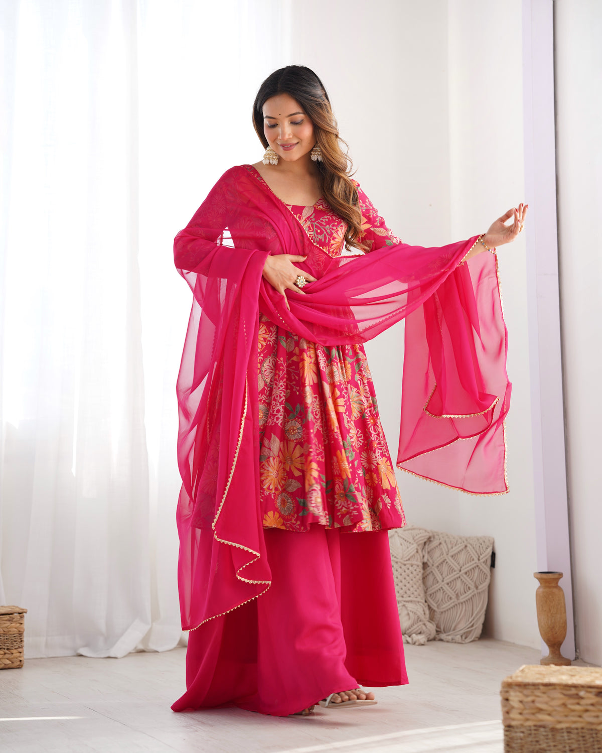 Premium Roman Silk Chanderi Discharge Print Kediya Kurta Set with Organza Dupatta & Palazzo