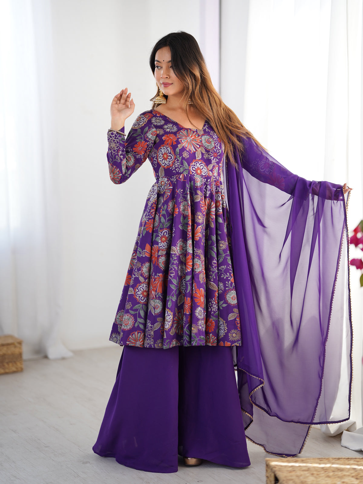 Premium Roman Silk Chanderi Discharge Print Kediya Kurta Set with Organza Dupatta & Palazzo