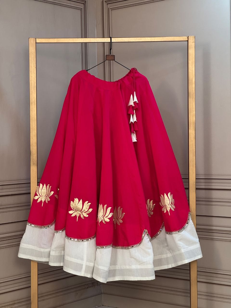 Premium Roman Fabric Navratri Lehenga with Lotus Gota & Mirror Lace Work | ByRavina-7172