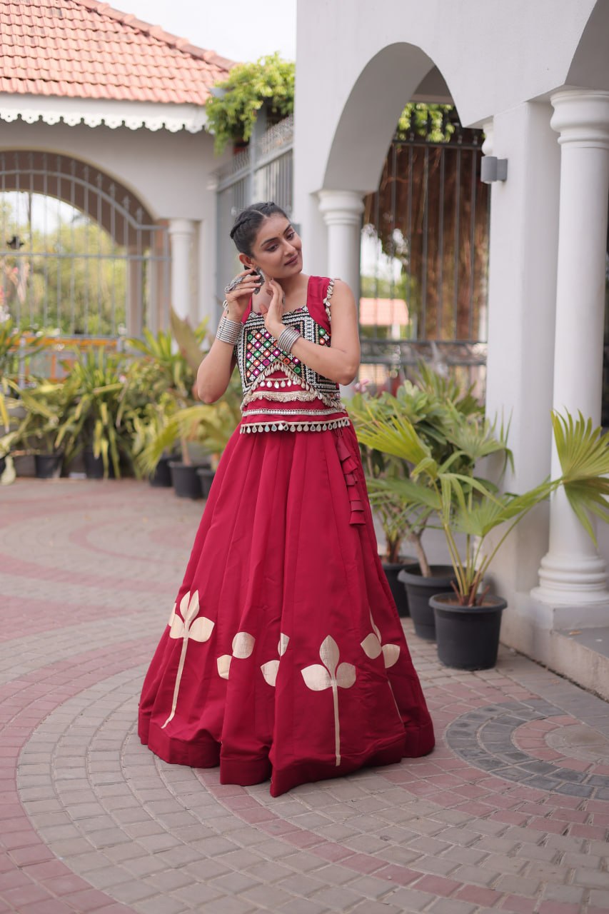 Premium Roman Silk Navratri Lehenga Choli with Pan-Patti Gota & Mirror Lace Work