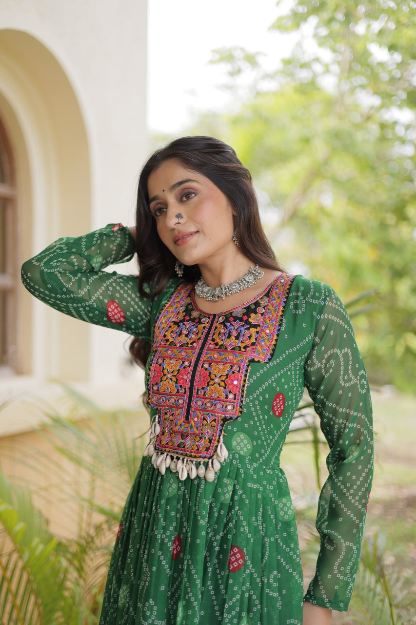 Premium Faux Georgette Navratri Gown with Bandhani Print & Kutchi Patchwork