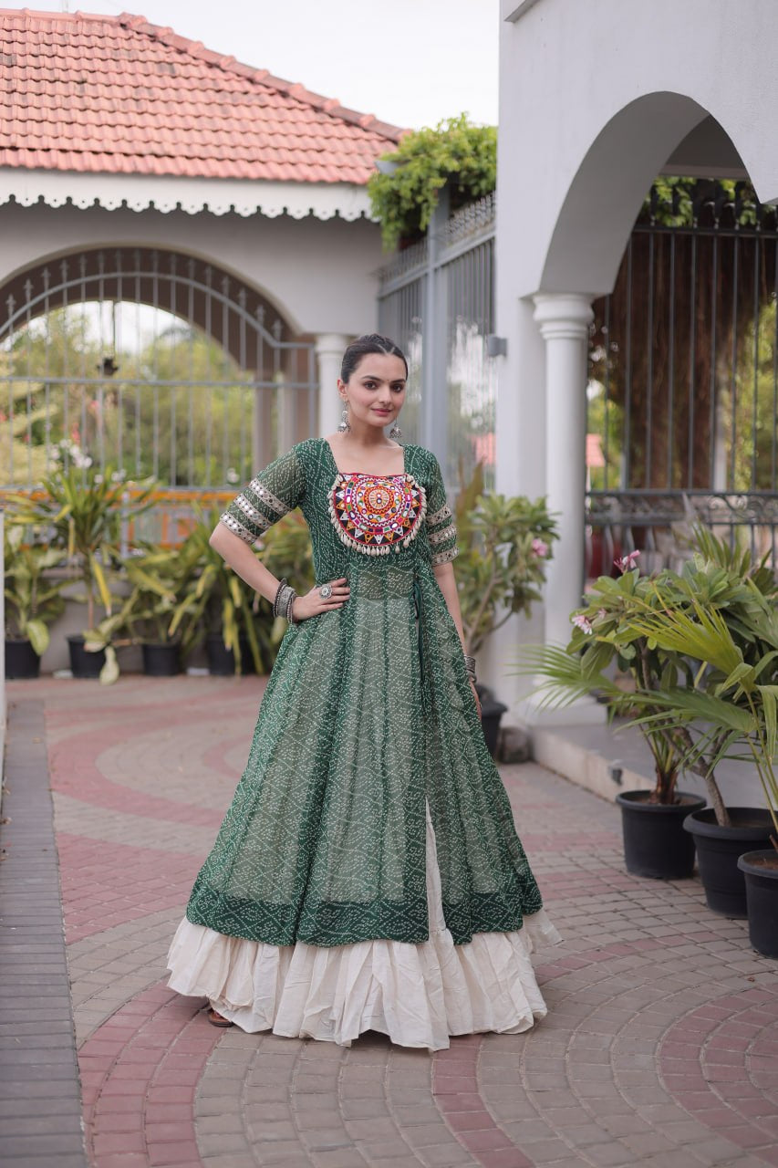 Premium Kora Cotton Navratri Lehenga with Bandhani Print & Kutchi Patchwork Kurti