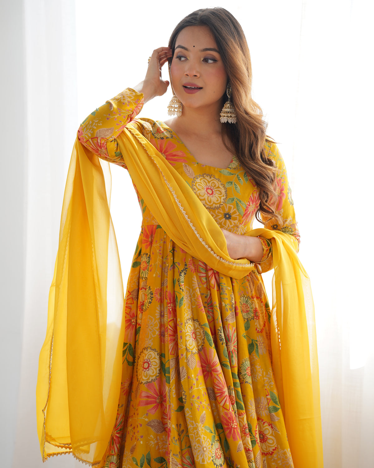 Premium Roman Silk Chanderi Discharge Print Kediya Kurta Set with Organza Dupatta & Palazzo
