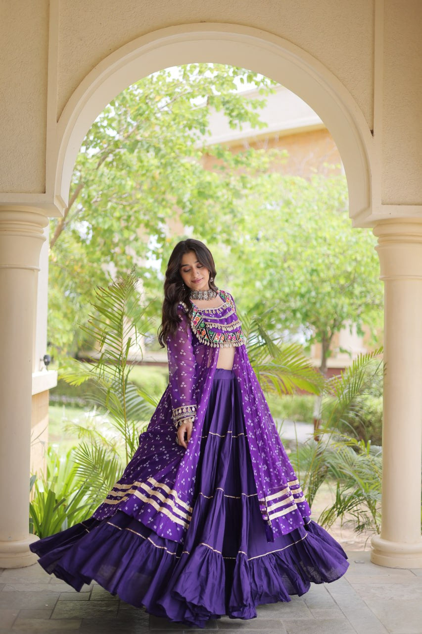Premium Kora Cotton Navratri Lehenga with Bandhani Print & Kutchi Patchwork Kurti
