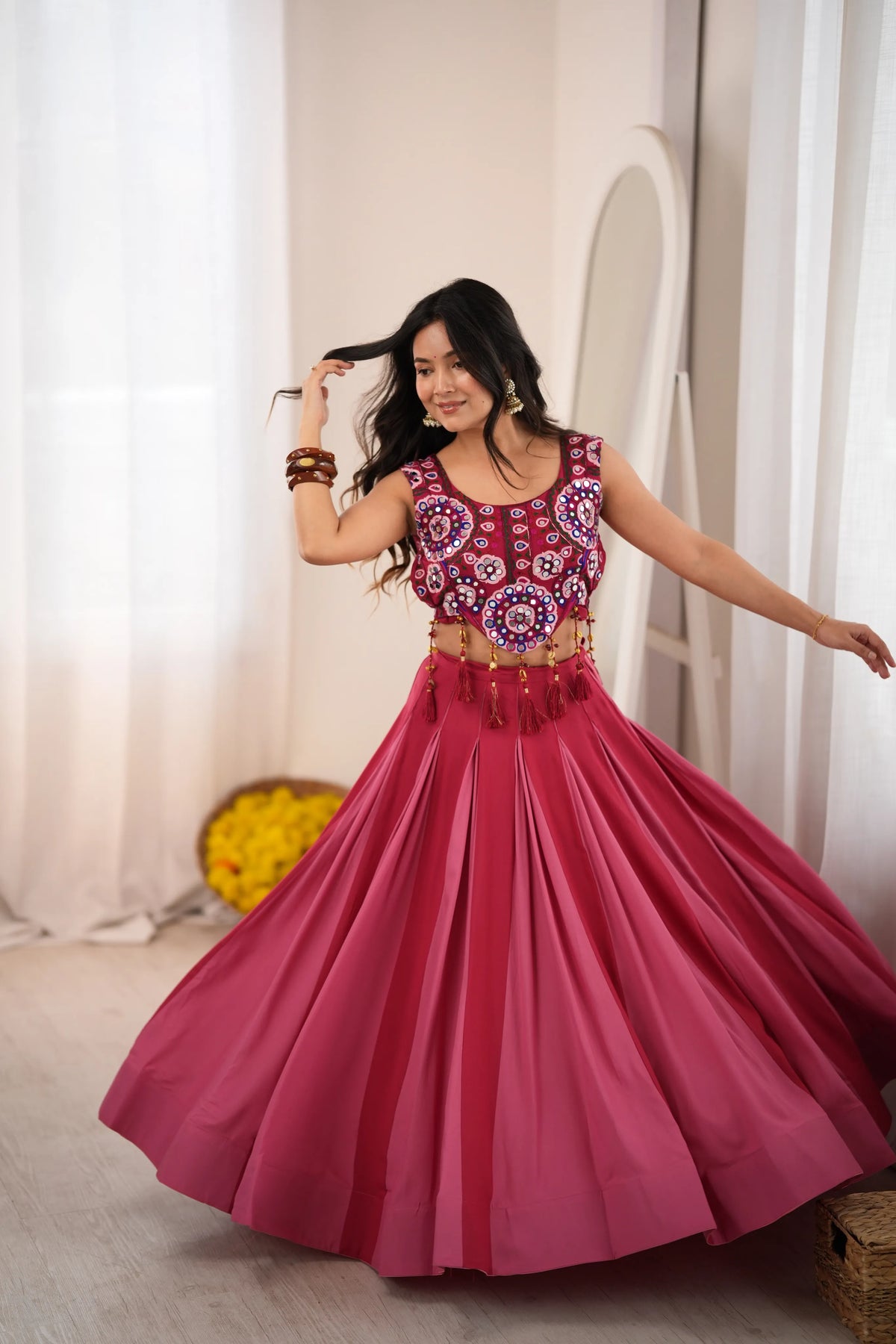 Premium Heavy Rayon Lehenga Choli with Fancy Lagdi Patta Lace & Real Mirror Work