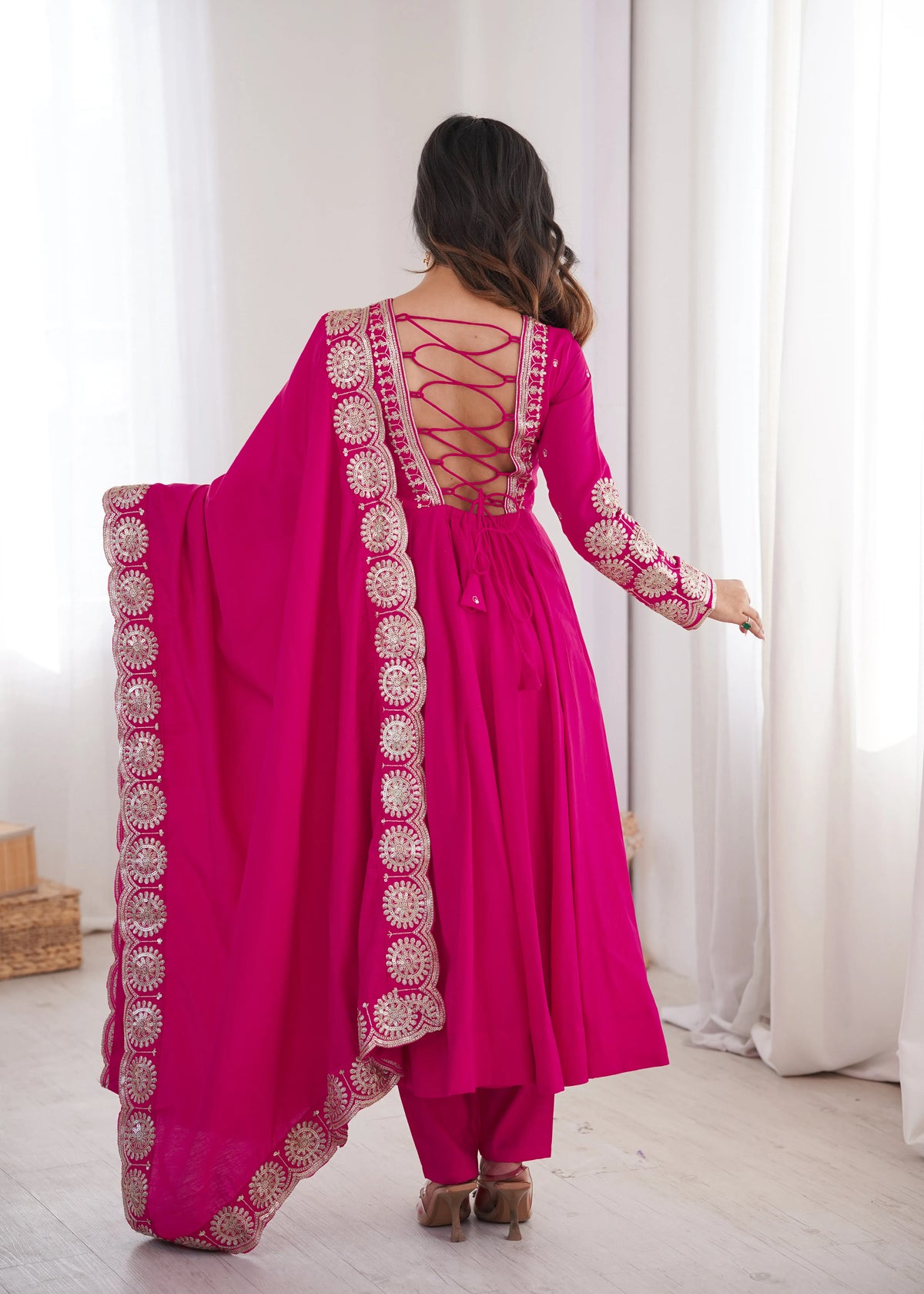 Premium Roman Silk Anarkali Gown with Embroidery & Sequin Work