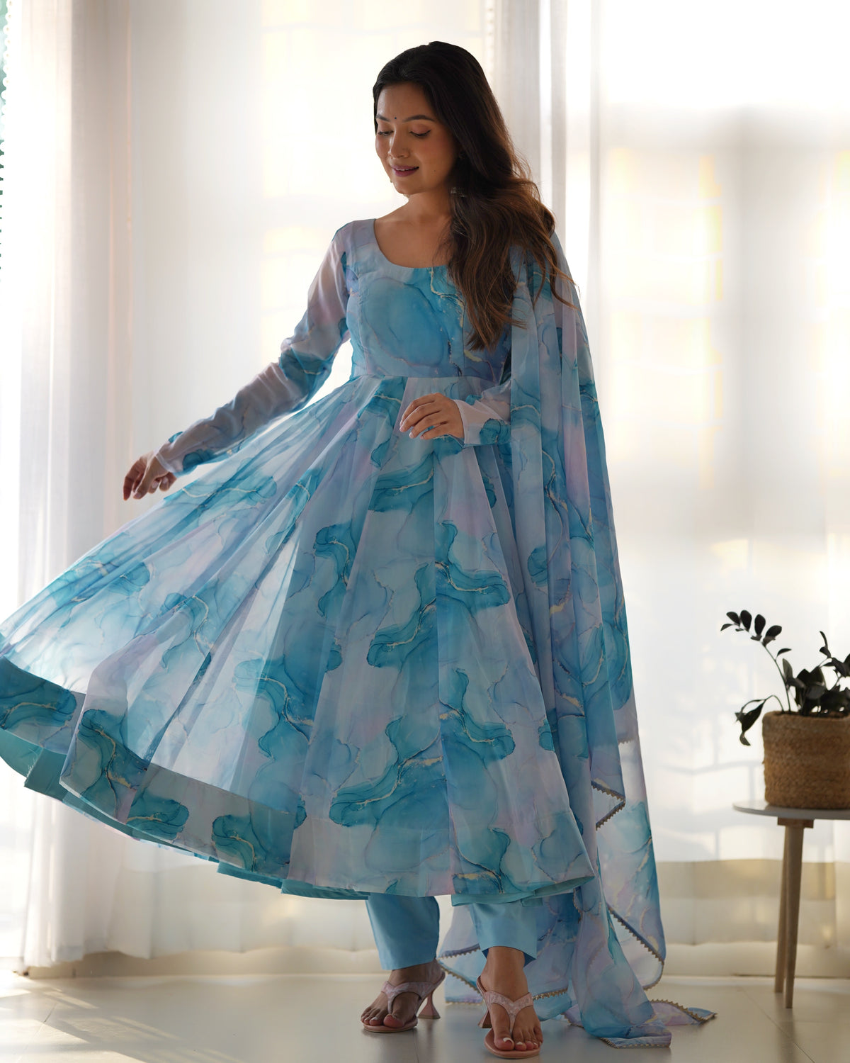 Premium Organza Silk Marble Print Anarkali Gown with Kali Flare, Canvas Patta & Gota Patti Dupatta