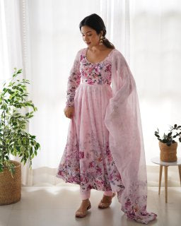 Premium Organza Silk Printed Anarkali Gown with Kali Flare, Canvas Patta & Gota Patti Dupatta