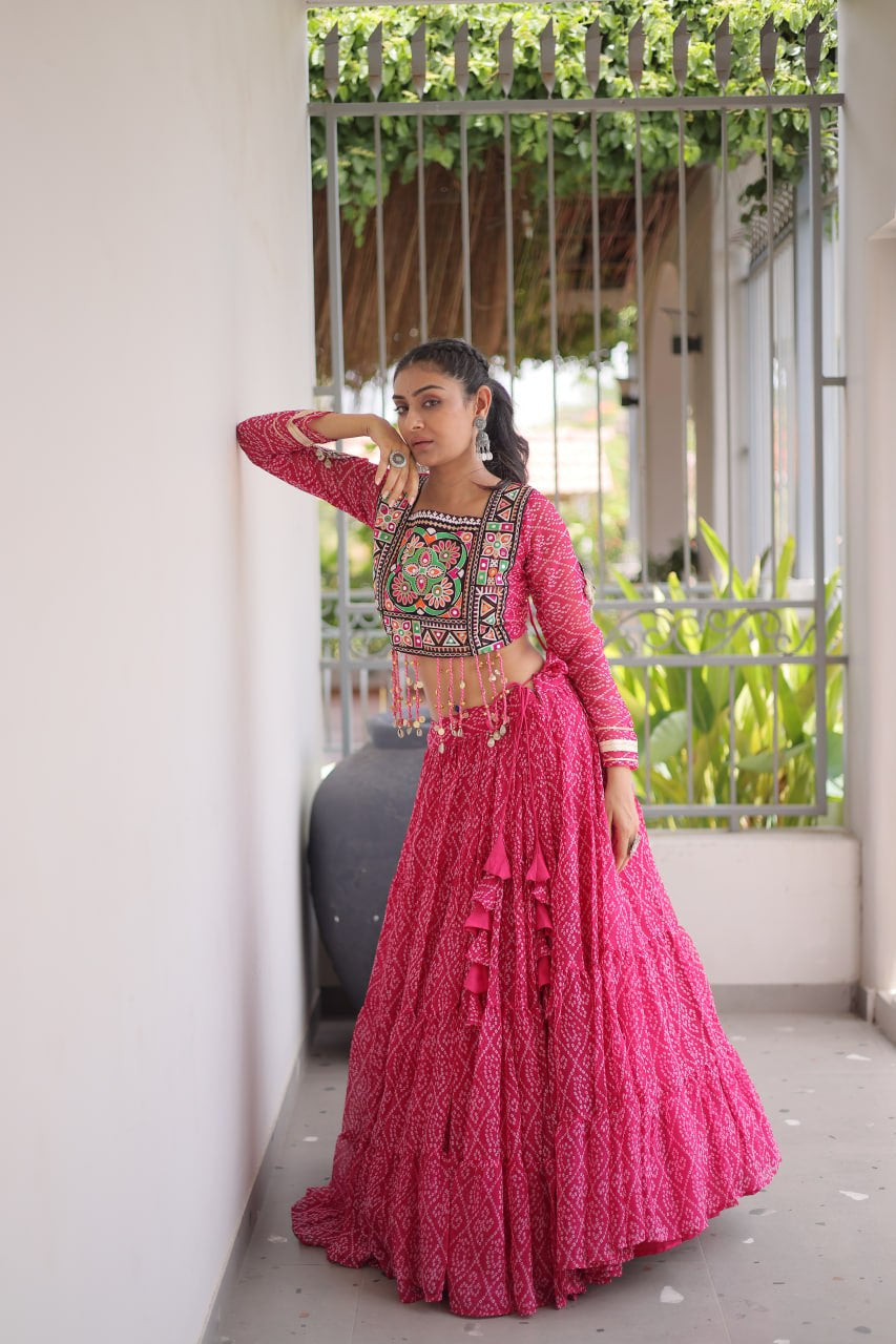 Premium Faux Georgette Bandhani Print Navratri Lehenga Choli with Kutchi Patchwork