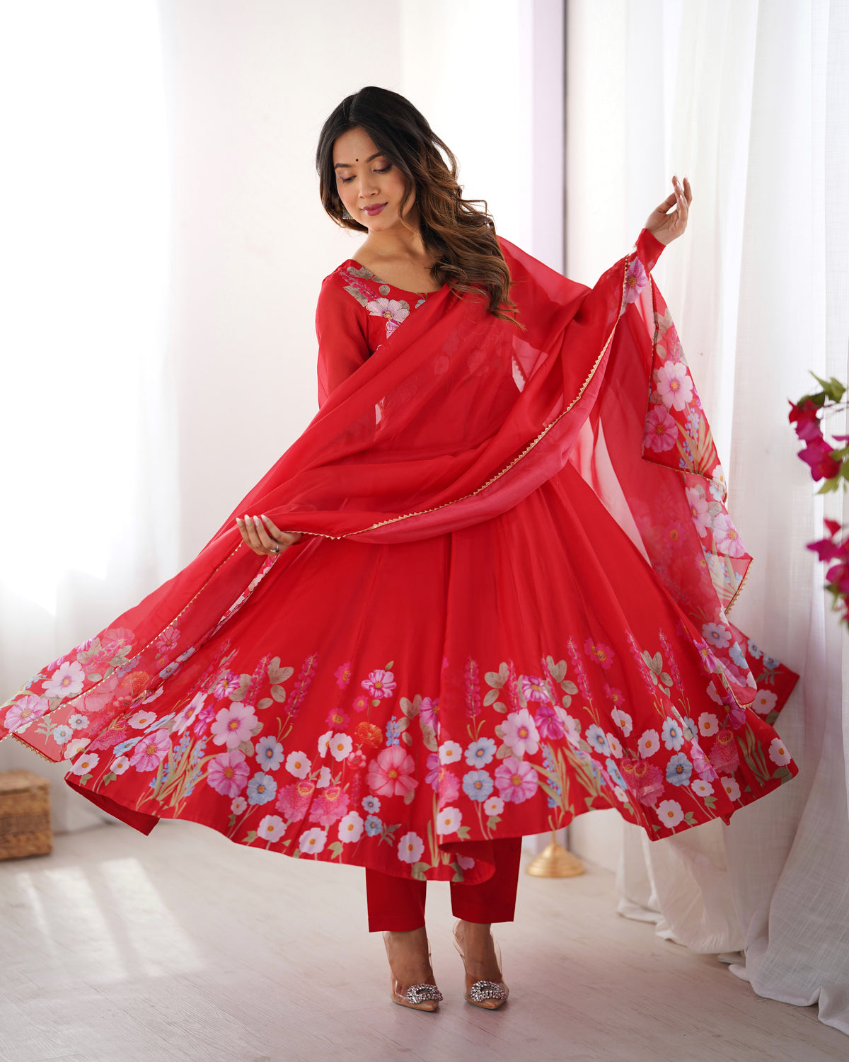 Premium Organza Silk Printed Anarkali Suit Set with Badla Jari & Gota Patti Work