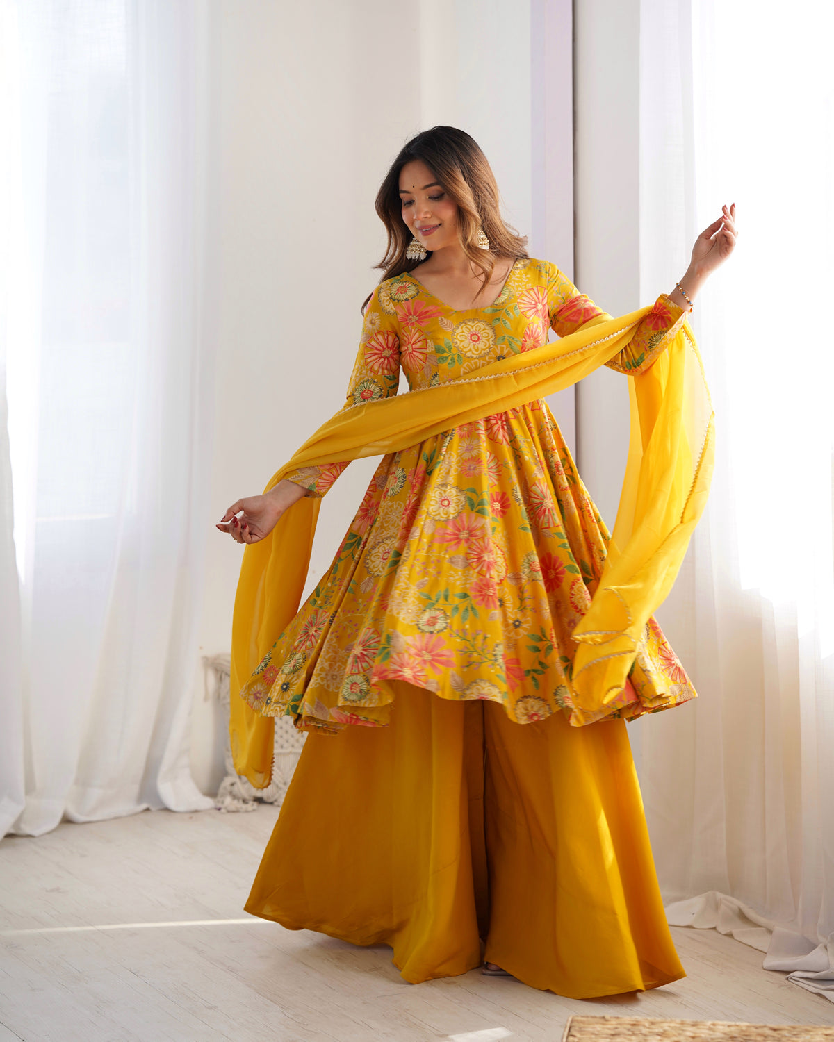 Premium Roman Silk Chanderi Discharge Print Kediya Kurta Set with Organza Dupatta & Palazzo
