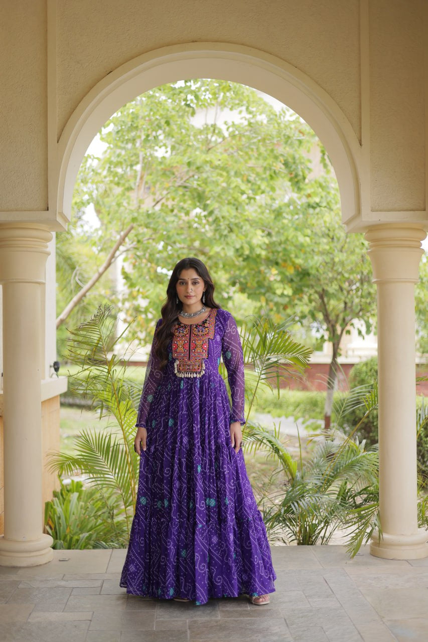 Premium Faux Georgette Navratri Gown with Bandhani Print & Kutchi Patchwork