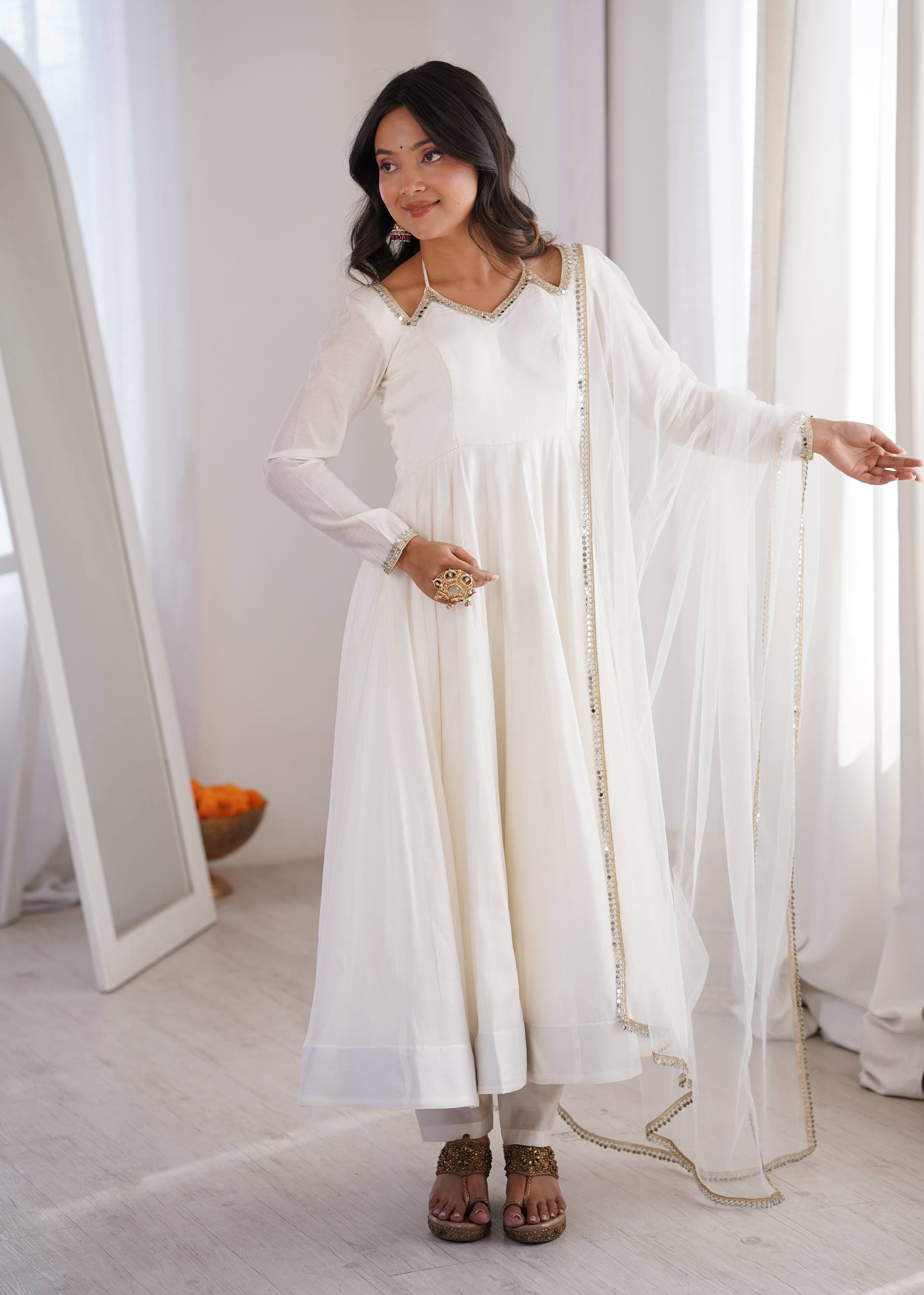Premium Roman Silk Chanderi Anarkali Gown Set with Dupatta & Pant