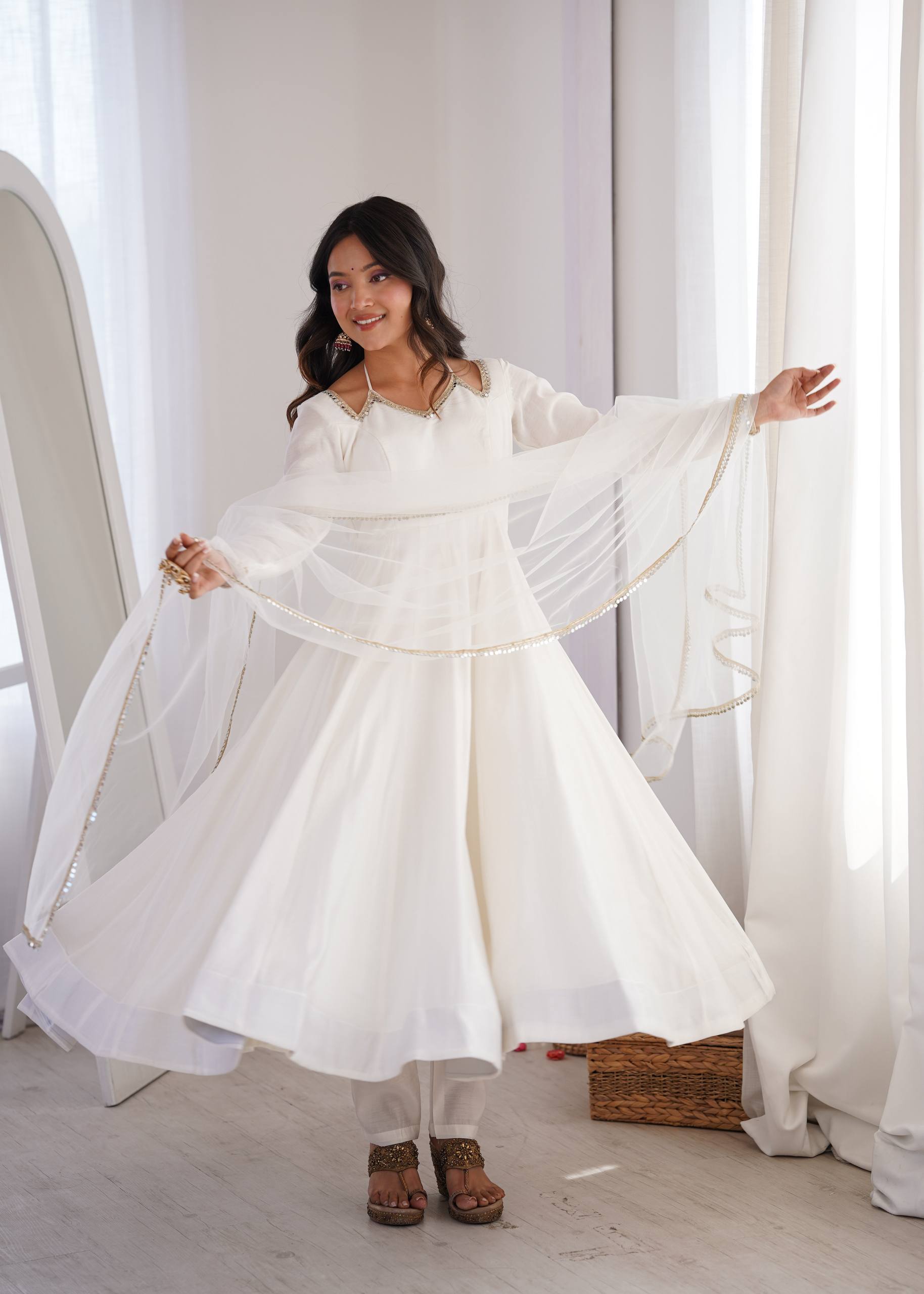 Premium Roman Silk Chanderi Anarkali Gown Set with Dupatta & Pant
