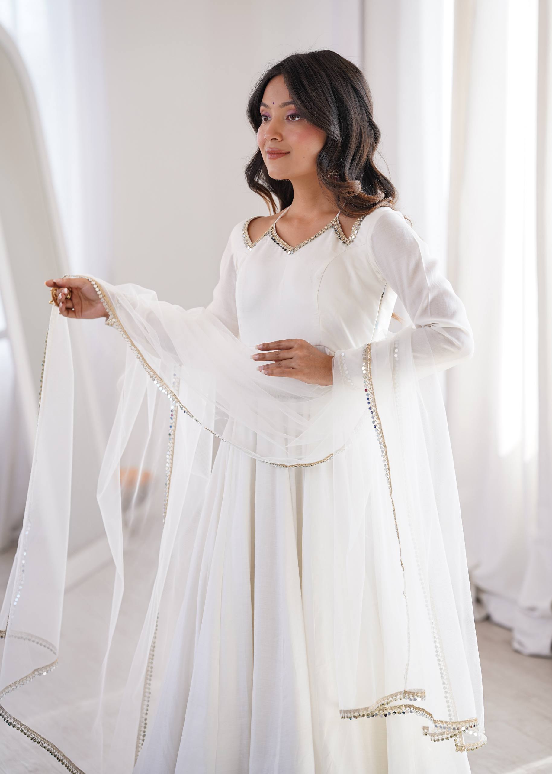 Premium Roman Silk Chanderi Anarkali Gown Set with Dupatta & Pant
