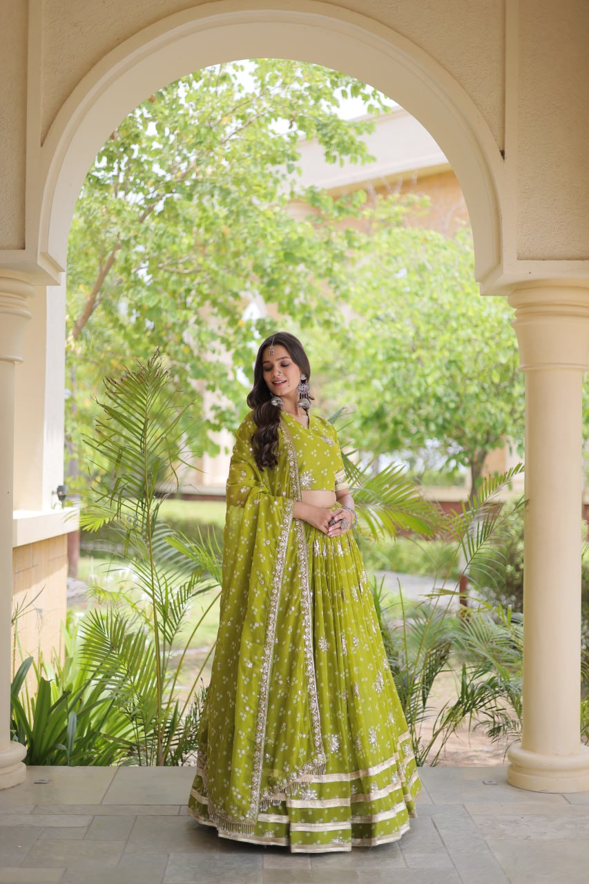Premium Faux Georgette Bandhej Print Lehenga Choli with Embroidery & Dupatta