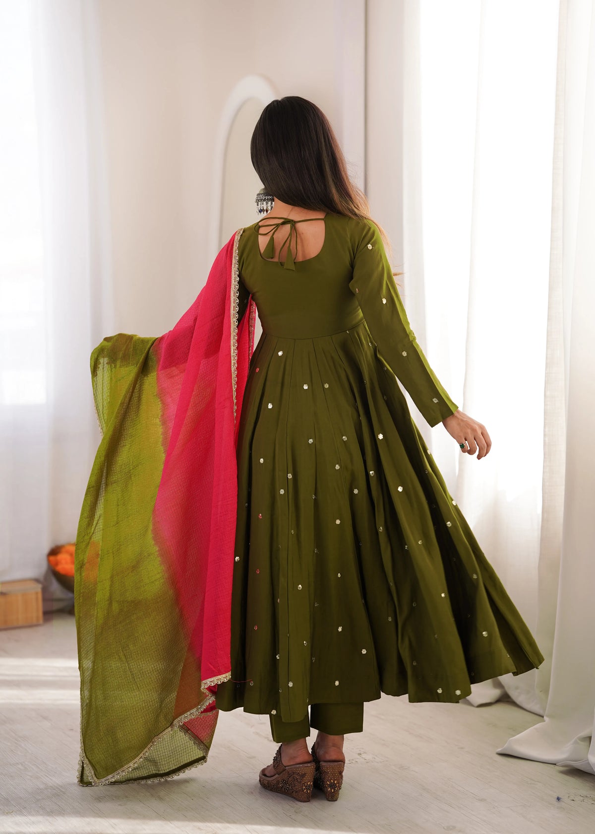 Premium Roman Silk Anarkali Gown with Embroidery, Sequin & Real Mirror Work