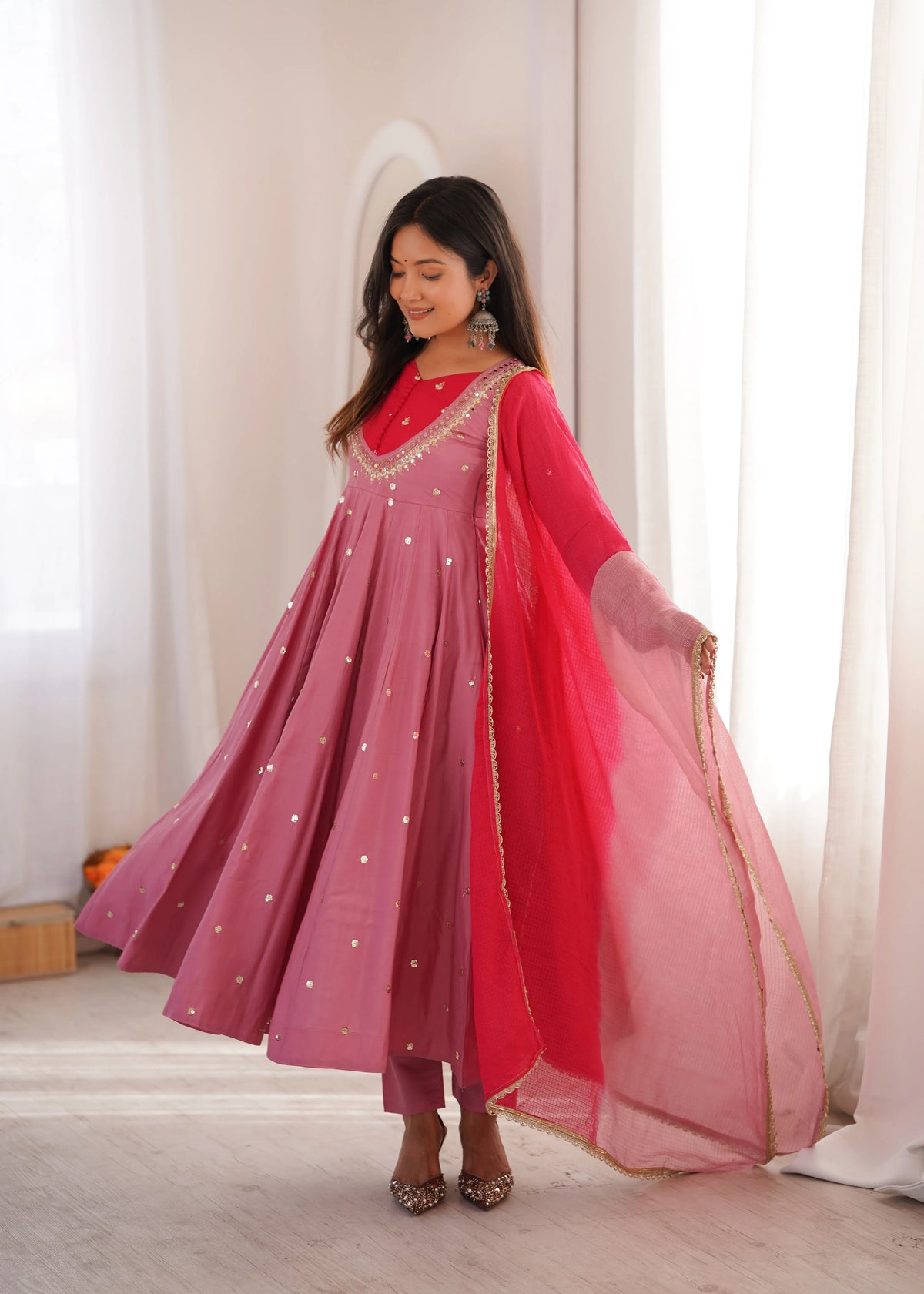 Premium Roman Silk Anarkali Gown with Embroidery, Sequin & Real Mirror Work