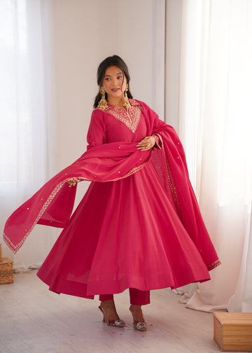 Premium Pure Roman Shimmer Silk Fully Flared Anarkali Gown Set
