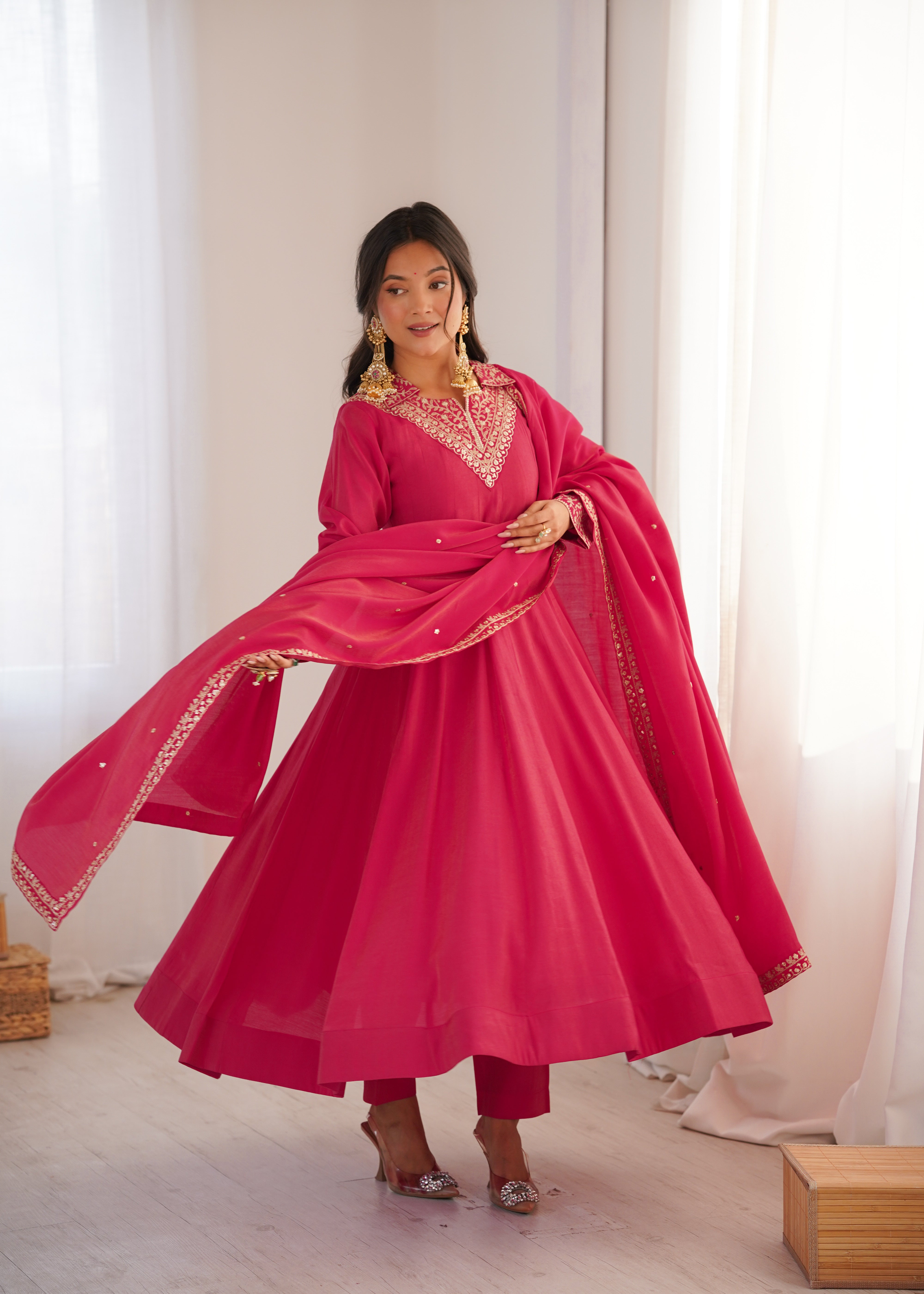 Premium Pure Roman Shimmer Silk Fully Flared Anarkali Gown Set