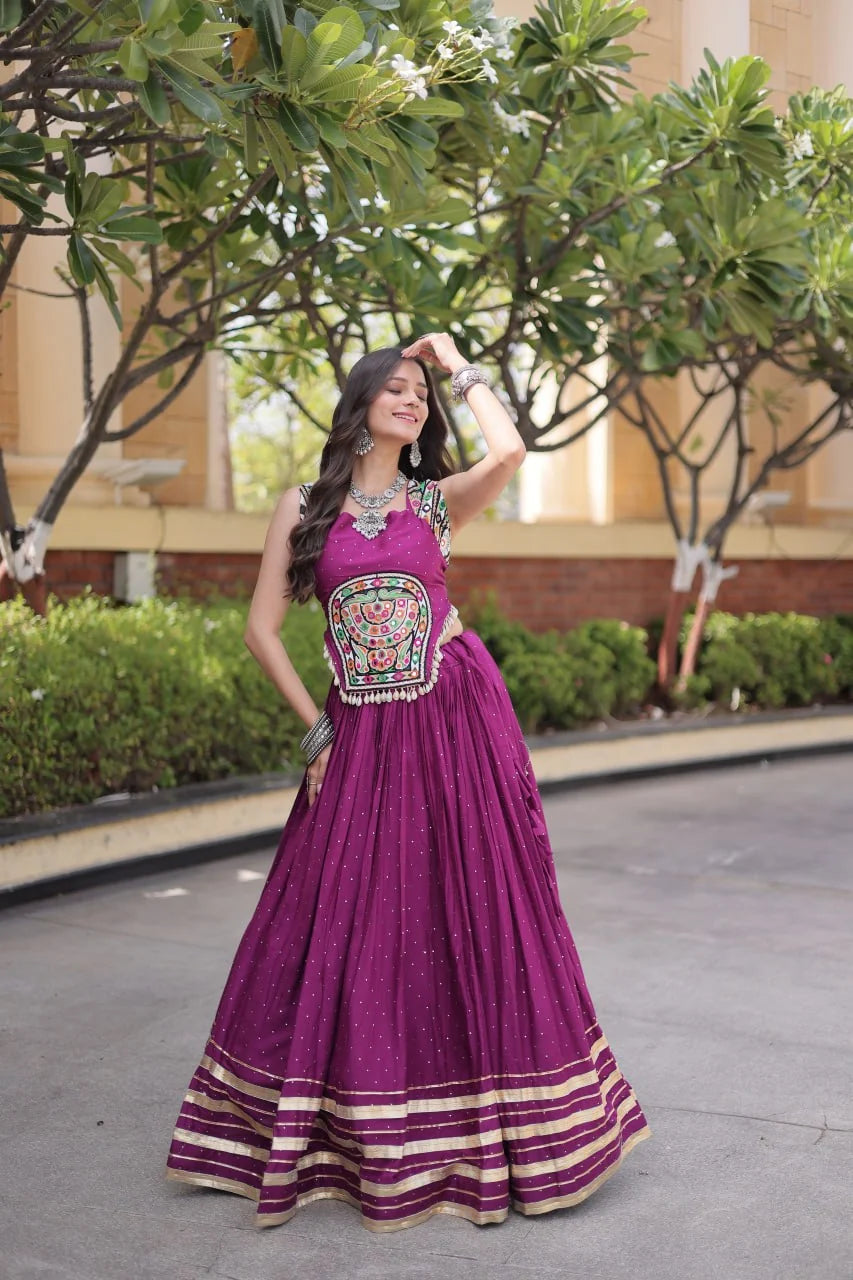 Reyon Navratri Lehenga Choli with Mukesh & Gamthi Mirror Work