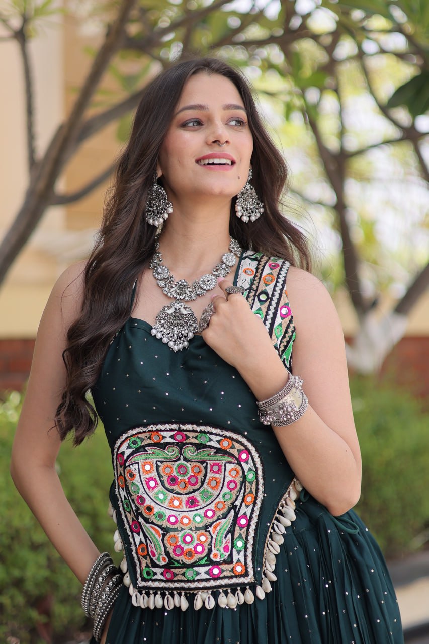 Reyon Navratri Lehenga Choli with Mukesh & Gamthi Mirror Work